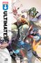 "ULTIMATE", "ENDSPIEL". Comic-Illustration von Helden in Aktion, dynamische Kampfszene mit prominenten Figuren., Buch