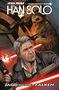 "Jagd nach dem Falken" steht unten. Illustration von Han Solo und Chewbacca, umgeben von Laserstrahlen und Explosionen., Buch