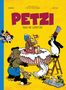 "PETZI: Pingo hat Geburtstag." Karikatur mit Tieren, Petzi hält eine Fahne, ein Pinguin auf einer Leiter, bunte Blumendeko., Buch