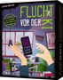 Text: "Flucht vor der KI", "Das spannende Escape-Room-Spiel", "Smart Home Error". Illustration: Hände, Smartphone, Wohnzimmer.
