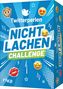 "Twitterperlen NICHT LACHEN CHALLENGE" auf blauem Hintergrund, Emojis wie Affe, Herzaugen, Lachen, Kuss.