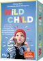 "WILD CHILD" in bunten Buchstaben, Erziehungsratgeber für Kleinkinder. Ein Kind mit roter Mütze und gestreiftem Shirt.