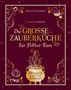 Text: "Die große Zauberküche für Potter-Fans. 150 magische Koch- und Backrezepte." Bordüren, Zauberstab und Kessel-Illustration., Buch
