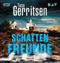 Text: "Tess Gerritsen, Schattenfreunde, Thriller, Ungekürzte Lesung mit Nina Petri".  
Szene: Leuchtturm auf Klippen am stürmischen Meer., MP3-CD