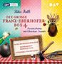 Texte: "Rita Falk", "Die große Franz-Eberhofer-Box 4", "Provinzkrimis", "Guglhupfgeschwader", "Rehragout-Rendezvous", "Steckerlfischfiasko". Farbige Hintergrundfelder, Hirschkopf mit Rose im Maul, Flasche, Bombe, Axt, Fische., 3 MP3-CDs
