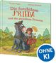 "Die furchtlose Frieda und die geraubten Prinzen." Illustration: Frieda in Rüstung steht neben einem sitzenden Pferd im Wald., Buch