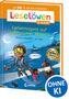 "Geheimagent auf gefährlicher Mission", Leselöwen 3. Klasse, Junge mit Jetpack fliegt mit Mädchen, Stadt im Hintergrund., Buch