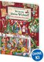 "Buch: 'Wo ist der kleine Wichtel? Mein weihnachtliches Wimmelbuch'. Illustration von Wichteln und Weihnachtsdekorationen.", Buch
