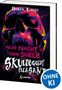 Der Text "Nur Nacht in der Seele" und "Skulduggery Pleasant". Darunter ein stilisiertes Totenkopf-Illustration, bunt und dynamisch., Buch