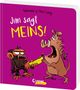 "Jim sagt MEINS!" von Suzanne & Max Lang. Ein Comic-Affe streitet mit einem Wildschwein um eine Banane. Loewe Logo unten., Buch