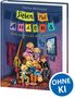 Buchtitel: "Sieben Mal Anders". Untertitel: "Adele möchte die Welt umarmen". Gruppe fröhlicher Kinder auf einer Treppe., Buch