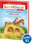 Ein Buchcover mit dem Titel "Leselöwen 1. Klasse: Eine ponystarke Reitstunde". Kinder auf Ponys und in Heu, „OHNE KI“-Stempel., Buch