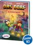 „DAS DORF – Verirrt im Blassen Wald“: Zwei Figuren mit Fackel und Schwert in Minecraft-Stil, Bedrohung im Hintergrund., Buch