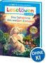 "Leselöwen", "Das Geheimnis des weißen Einhorns". Illustration: Ein Einhorn und zwei Kinder im Wald, Logo "OHNE KI"., Buch