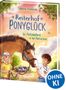 „Reiterhof Ponyglück“ und „OHNE KI“ in einem Kreis. Illustration: Kinder mit Polizeipferd im Grünen., Buch