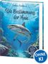 Ein Buchcover mit dem Titel "Die Bestimmung der Haie" von Sabine Giebken. Ein Hai schwimmt im Ozean., Buch
