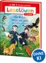 "Leselöwen 1. Klasse: Die Ninjas retten die Tiere" zeigt zwei Ninjas in einem Wald mit Tieren. "OHNE KI"-Logo., Buch