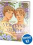 "Verstand und Gefühl" in Großbuchstaben. Zwei Figuren, umgeben von lila Blumen, darunter „OHNE KI“., Buch