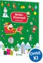 Text: "Metallic-Stickerspaß Weihnachten", "OHNE KI". Bunte Illustration mit Weihnachtsmotiven: Schneemann, Elfen, Schlitten und Geschenke., Buch