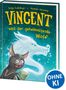 "VINCENT und der geheimnisvolle Wolf", Illustration mit einer Fledermaus und einem geisterhaften, weißen Wolf über einem blauen Hintergrund., Buch
