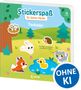 Text: Stickerspaß für kleine Hände, Tierkinder, Mit wiederverwendbaren und reißfesten Stickern, ab 18 Monaten, OHNE KI. 

Eine farbenfrohe Illustration mit niedlichen Tierstickern: Eule, Igel, Hase, Fuchs, Ente und Katze in einer grünen Landschaft., Buch