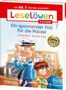 "Leselöwen 1. Klasse: Ein spannender Fall für die Polizei" zeigt einen Polizisten und einen Jungen in einem Büro.
