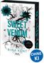 Buchumschlag mit den Worten "SWEET VENOM", "RINA KENT". Eine weiße Schlange mit dunklen Blumen und verzweigten Ästen., Buch
