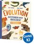 "Evolution: Aussterben oder Überleben? Du entscheidest!" Verschiedene Tiere, Logo unten links, runder Sticker "OHNE KI"., Buch