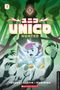 "UNICO Hunted" steht über einem fliegenden Einhorn mit lila Mähne, umgeben von unheimlichen mechanischen Händen., Buch