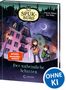 "Das Spukbüro. Der unheimliche Schatten." Zwei Kinder vor bunten Häusern unter einem Nachthimmel mit Mond. Illustration., Buch