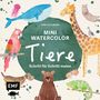 Titel "Mini Watercolor Tiere". Verschiedene Aquarelltiere wie ein Wal, Giraffe, Papagei und Bär sind darauf abgebildet., Buch