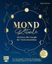 Titel: "MOND Rituale - Aktiviere die Energie der Tierkreiszeichen". Dunkelblauer Hintergrund mit Sternbildern und Mondphasen., Buch