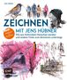 "ZEICHNEN MIT JENS HÜBNER" - Skizzierte Illustrationen von Menschen, Vögeln und Gebäuden. Ein Extra: "Sketchen mit Finelinern".