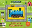 „Lass uns Zug fahren!“ und „TUT, TUT! MEIN SCHIEBEBUCH“ auf einem kinderfreundlichen Buchcover mit blauem Zug., Buch