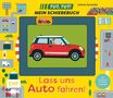 "Tut, Tut! Mein Schiebebuch. Lass uns Auto fahren! Illustration mit rotem Auto und bunten Motiven auf gelbem Hintergrund.", Buch