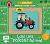 "Tut, tut! Mein Schiebebuch. Lass uns Traktor fahren!" Illustration mit rotem Traktor auf Bauernhof., Buch