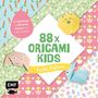 "88 x Origami Kids" und "Frohe Ostern" auf weißem Hintergrund, umgeben von buntem Papiermuster mit Küken und Hasen.