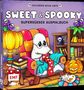 "SWEET & SPOOKY, Supersüßes Ausmalbuch". Ein niedliches Gespenst strickt in einem gemütlichen Raum mit Kürbissen., Buch