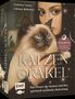 Buchcover: "Katzen Orakel", 50 Karten. Eine Frau hält eine Siamkatze. Mystisches Design mit Sternen.