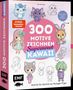 "300 Motive zeichnen, Supersweet Kawaii." Niedliche Figuren im Kawaii-Stil, Pastellfarben und ein Stift sind gezeigt., Buch