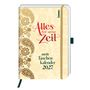 Text: "Alles hat seine Zeit, mein Taschenkalender 2027". Verzierte florale Muster auf einem cremefarbenen Hintergrund.