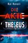 Text: "Kai Havaii", "DIE AKTE THESEUS", "THRILLER". Hintergrund: Blau-rotes Muster mit Silhouette eines Baukrans., Buch
