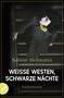 "Weisse Westen, Schwarze Nächte" von Sabine Hofmann, Kriminalroman. Frau blickt auf Treppe nach oben., Buch