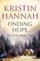 KRISTIN HANNAH; FINDING HOPE; Das Licht unserer Tage; ROMAN. Eine verschneite Hütte im Wald bei Sonnenuntergang., Buch