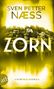 „Sven Petter Næss, Zorn, Kriminalroman“. Schwarz-gelbes Bild, Häuser am Waldrand, unten „atb“ Logo., Buch