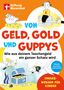 Titel: "Von Geld, Gold und Guppys". Text: "Finanzwissen für Kinder". Illustration: Fische mit Schatztruhe.
