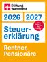 "2026 2027 Steuererklärung Rentner, Pensionäre, Mit Leitfaden für ELSTER. Stiftung Warentest Logo oben links."