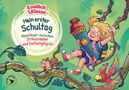 "Endlich 1. Klasse! Mein erster Schultag. Abenteuer zwischen Zirkuszauber und Dschungelgrün."  
Ein Kind schwingt mit einer Zuckertüte durch den Dschungel, begleitet von einem Affen und buntem Vogel.