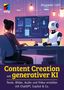 "Content Creation mit generativer KI" von Alexander Loth. Frau am Computer, rechts ein Roboter, futuristisches Büro., Buch