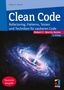 "Clean Code" von Robert C. Martin, deutsche Ausgabe, 2. Auflage. Interstellarer Nebel mit leuchtenden Farben. Mitp-Logo unten., Buch
